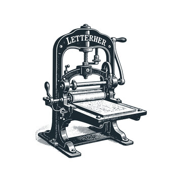 A vintage Letterpress printing press &ndash; Black and White Icon Vector and Illustration