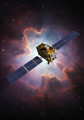 A golden satellite explores the vast cosmos journeying through nebulae and star clusters captured with stark realism and