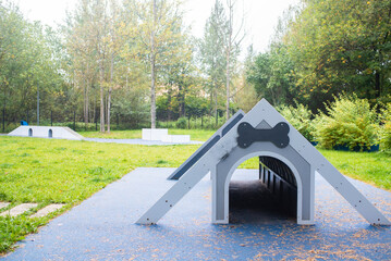 Public city dog ​​park, hurdle ring, artificial obstacles, slide, and training tunnel for dogs.