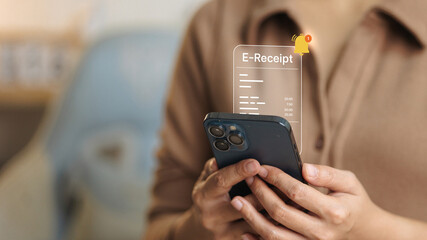 Woman Holding Smartphone with E-Receipt Notification for Cashless Payment