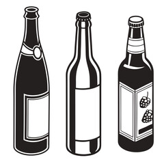 Three Black Bottle Silhouettes With Labels and Graphics