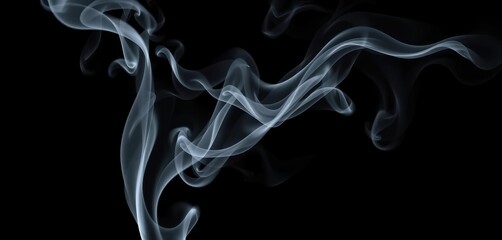 Fototapeta premium Wispy tendrils of gray smoke curl and dissipate against a stark black background, graphic, black