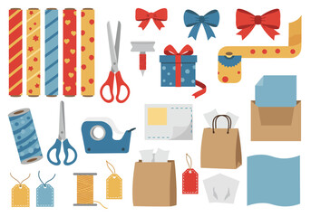 Assorted giftwrapping supplies displayed rolls of paper bows scissors tape bags tags string box