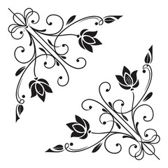 Two Ornate Corner Flourishes with Stylized Flowers