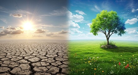 Dramatic contrast highlights environmental change from arid desert to lush green landscape symbolizing hope and renewal