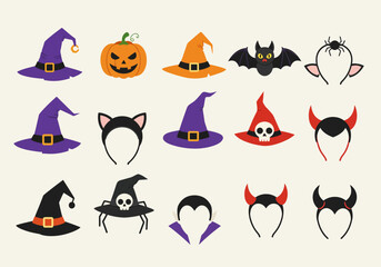 Assortment of Halloween costume props hats headbands bat pumpkin featuring common Halloween themes