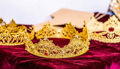 Golden crowns on burgundy fabric