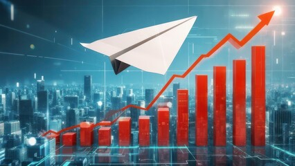 Dynamic business growth visualized with paper airplane soaring above city skyline and rising financial chart, success concept