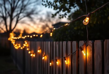 Twinkling fairy lights strung across a backyard fence at dusk, patio, garden lights