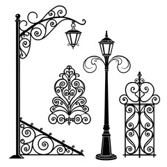 Vintage Wrought Iron Street Lamps and Architectural Accents