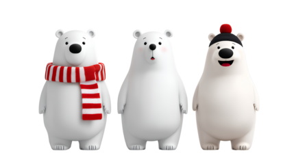 Christmas Polar Bear Collection Wearing Scarf and Hat in Fun, Minimalist, and Animated Styles isolated on transparent background