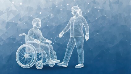 Digital concept of care and support for people with disabilities, a 3D wireframe illustration of assistance and mobility.