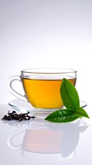 Transparent teacup,  fresh tea leaves