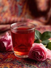 Fototapeta premium Chilled Rose Sharbat in a Glass on Embroidered Fabric Background