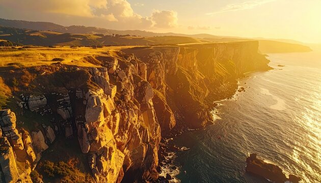 Coastal Cityscape at Sunset Aerial View with Golden Light and Sharp Details in Cinematic Hdr with Ocean and Hillside