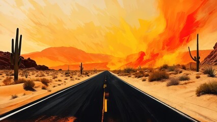 Dramatic desert highway leading into a fiery sunset with vibrant colors and scenic views, perfect for travel and adventure concepts