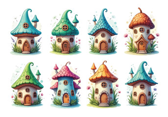 Vector illustration of illustration of collection of whimsical fairy tale mushroom houses