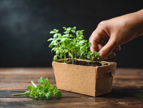 A nurtu hand carefully tends to young basil seedlings sprouting in a biodegradable container on a rustic wooden surface for healthy growth. - Powered by Adobe
