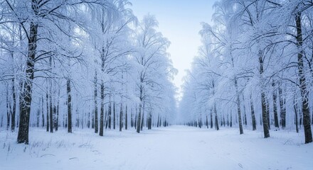 Naklejka premium Winter Wonderland Snowy Trees in Forest with Blue Sky Above in Daytime