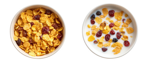 Crispy Cornflakes with Dried Cranberries and Milk in a Bowl top view transparent background