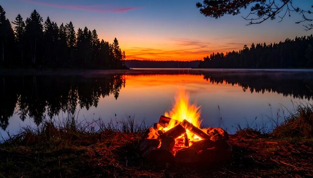 Campfire's warm glow reflects on tranquil lake at sunset