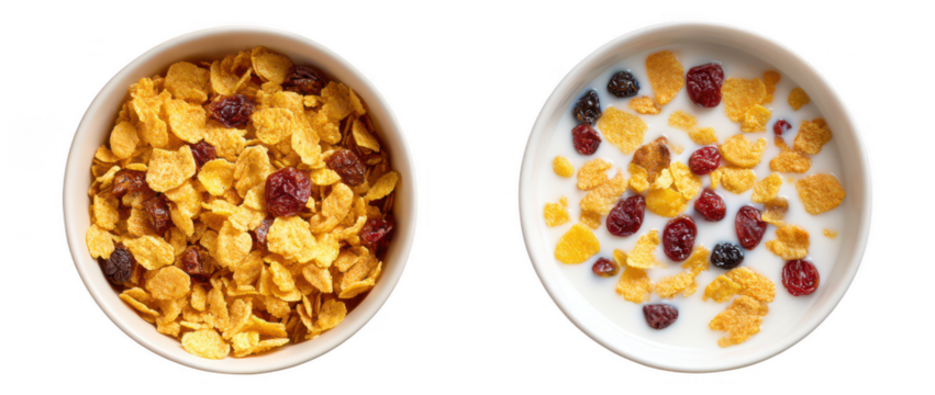 Crispy Cornflakes with Dried Cranberries and Milk in a Bowl top view transparent background
