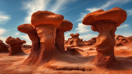 Striking red rock formations under a vibrant blue sky create a stunning desert landscape with unique geological features