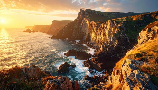 Coastal Cliffs at Sunset with Dramatic Sky Golden Hour Light and Jagged Rock Formations Warm Tones and Ocean Waves Crashing Creating Scenic Beauty