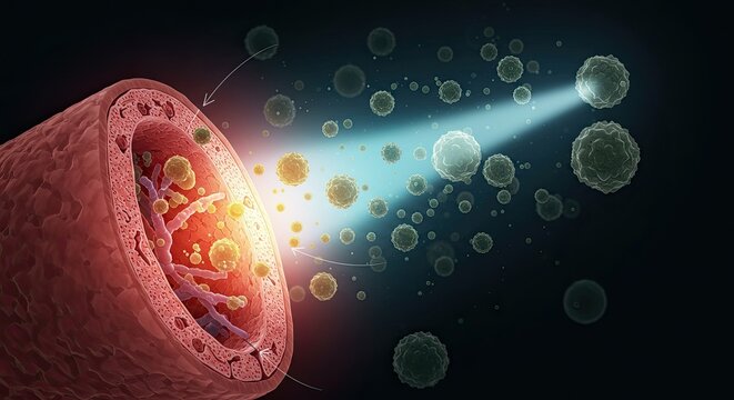 Detailed 3D medical illustration of a human artery with viruses, ideal for healthcare, scientific, and educational presentations