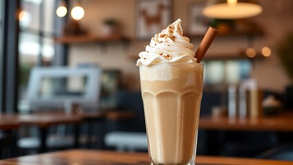 Spicy chai milkshake with vanilla ice cream, cinnamon dust on top, warm cozy café background, neutral focus