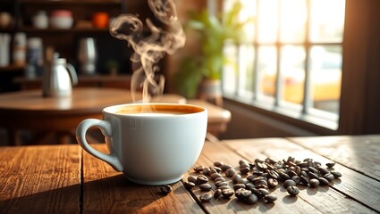 Steaming cappuccino in a white ceramic cup on a rustic wooden table, morning sunlight streaming through the window, scattered coffee beans nearby, cozy café background