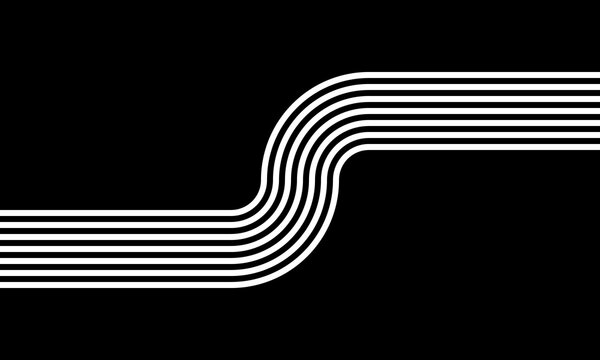white curved parallel lines on black background, meditation zen garden top view or life balance vector illustration, river stream abstract