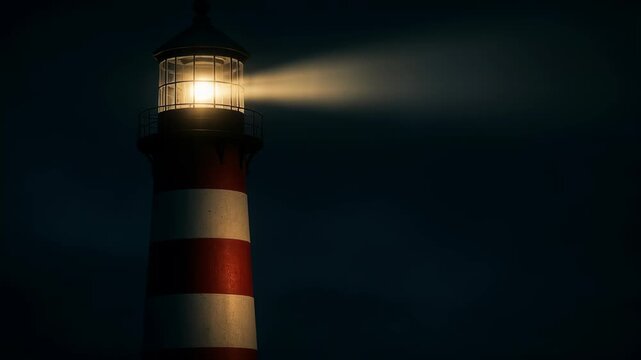 Guiding Beacon Lighthouse with Red and White Stripes Illuminates Night, Shining Brightly to Safely Guide Ships Through Dark Waters