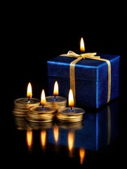 A shimme gift box with a gold ribbon sits behind four lit candles on a reflective surface against a dark background creates drama.