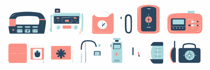 Collection of portable medical and health monitoring devices including blood pressure monitor, glucometer, insulin pen, pulse oximeter, thermometer, and first aid kit in flat minimalist vector style