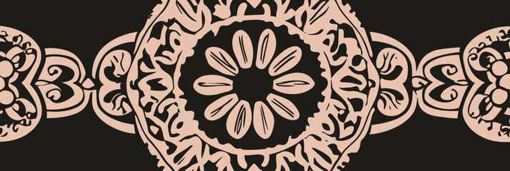 Intricate Circular Mandala Ornament with Floral and Geometric Mehndi Tattoo Pattern in Minimalist Flat Vector Style on Dark Background