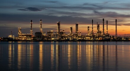 Fototapeta premium Dramatic refinery lights reflecting on water at twilight creating an industrial scene with energy production against a colorful sky making a dynamic impact for commercial use