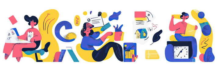 Fototapeta premium Time management productivity concept with diverse people using calendars clocks planners and reminders in flat minimalist vector style