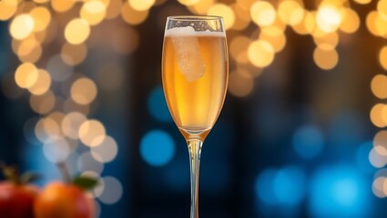 Sparkling apple cider mocktail in a champagne flute, bubbles frozen mid-rise, festive background