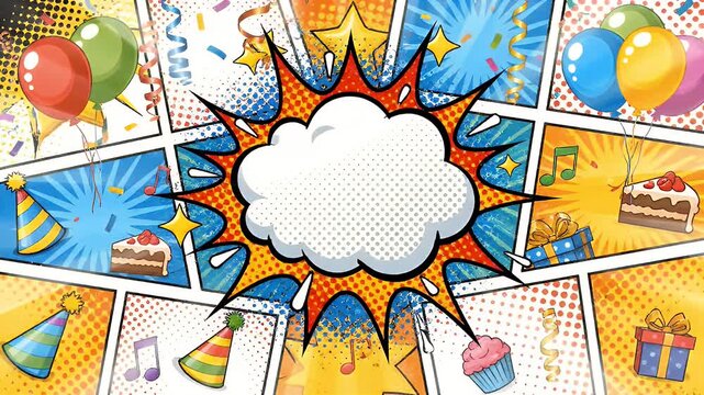 Vibrant comic book style celebration montage with balloons, cake, gifts, and party hats bursting with joy