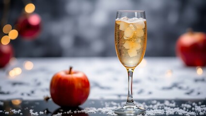 Sparkling apple cider mocktail in a champagne flute, bubbles frozen mid-rise, festive background