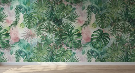 Watercolor Tropical Leaves Wallpaper with Wooden Floor.
