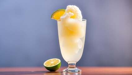 Sparkling lemon-lime float with lemon sorbet, citrus wedges on glass rim, icy condensation, vibrant commercial lighting