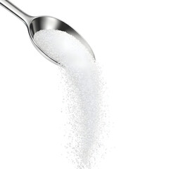 Granulated sugar falling from metal spoon scoop, close-up food ingredient concept. Isolated on white or transparent background. PNG format.