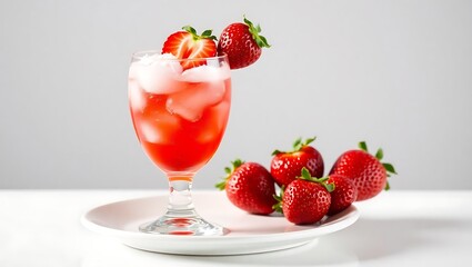 Sparkling strawberry soda float in a flute glass with a scoop of strawberry ice cream, bright and refreshing, glass on white ceramic plate, reflective surface, clean editorial food image