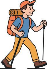 Hiker walking, trekking in nature. Tourists couple, tiny people travelers with backpacks hiking. Travel, adventure, sport orienteering, tourism, route concept. Flat vector illustration