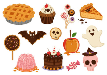 Halloween sweets pie cupcake lollipops bat cookie skull caramel apple brain mold candy and ghost