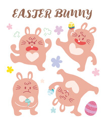 Set of Easter bunny character with variety pose flat vector. Hand drawn style cute furry pink color rabbits hold painting egg. Cartoon hare do exercise collection. Happy Easter Day Funny doodle animal