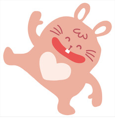 Hand drawn style cute dance bunny character flat vector. Cartoon comic happy rabbit exercise. Pink color funny easter bunny element. Baby adorable animal sticker kids preschool characters heart child