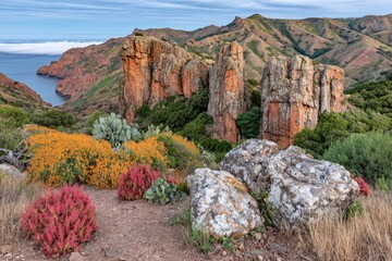 Coastal rocky landscape with vibrant flora